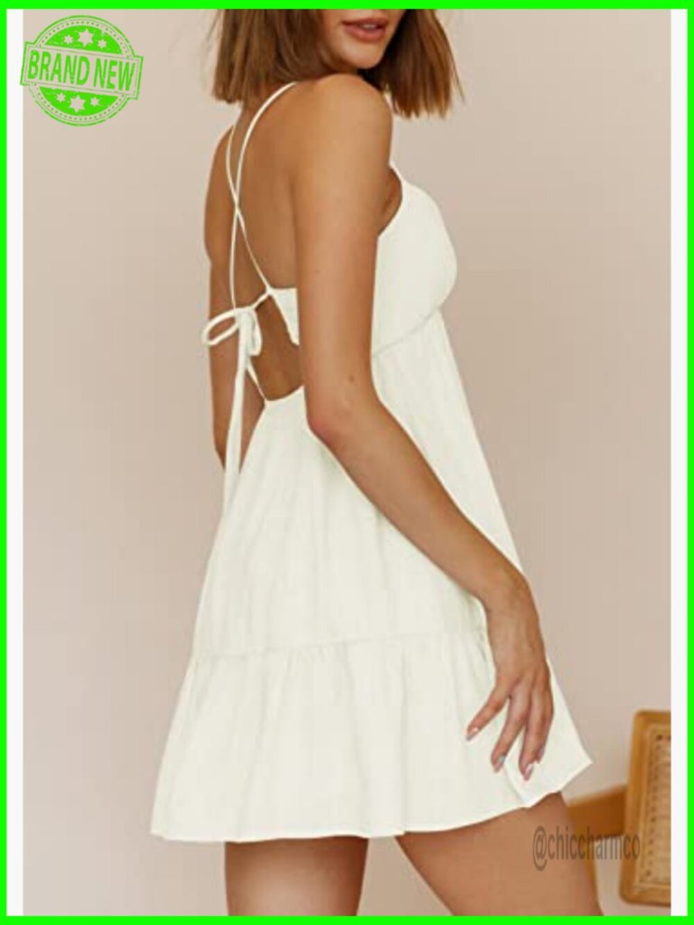 V Neck Crisscross Backless Tie Back Ruffle Hem Flowy Swing Mini Dress - Picture 2 of 7